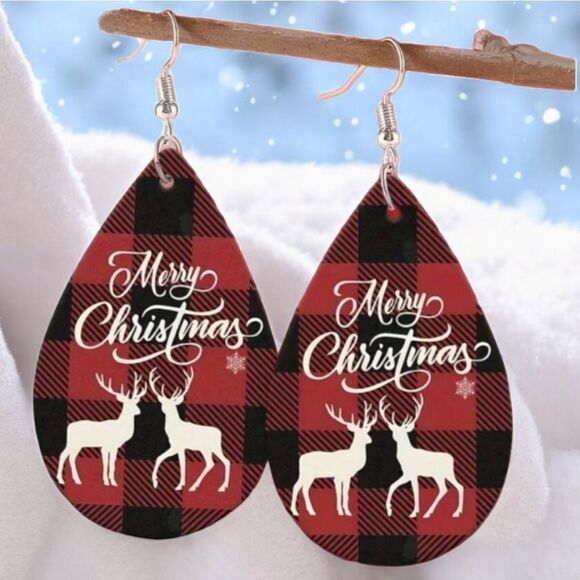 Holiday Earrings 🎄Deer Buffalo Plaid Christmas Leather Dangle Drop Ear Jewelry - Picture 1 of 10